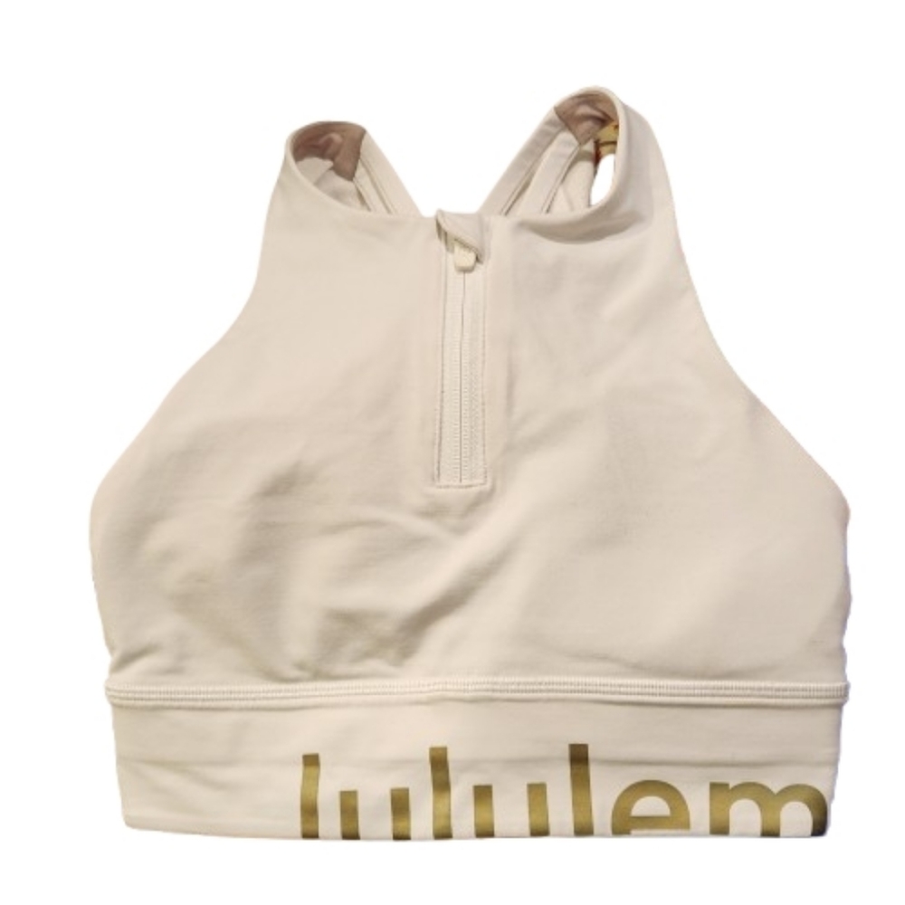 Vintage Lululemon High Neck Zip Front Sports Bra – White/Gold Logo (Size 4)